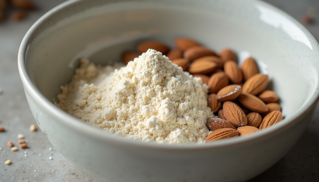 Close-up view of a mixing bowl filled with almond flour and chia seeds