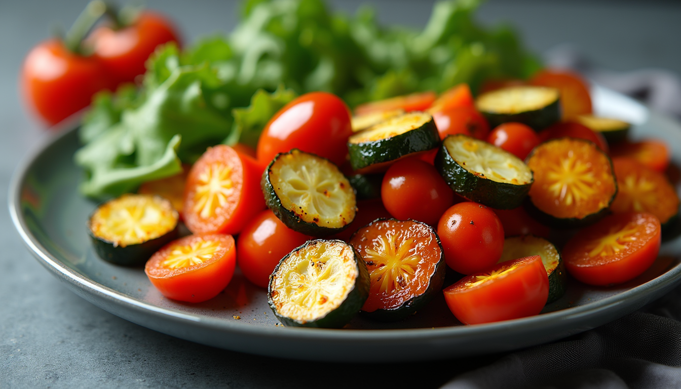 High angle view of a colorful plate of roasted vegetables