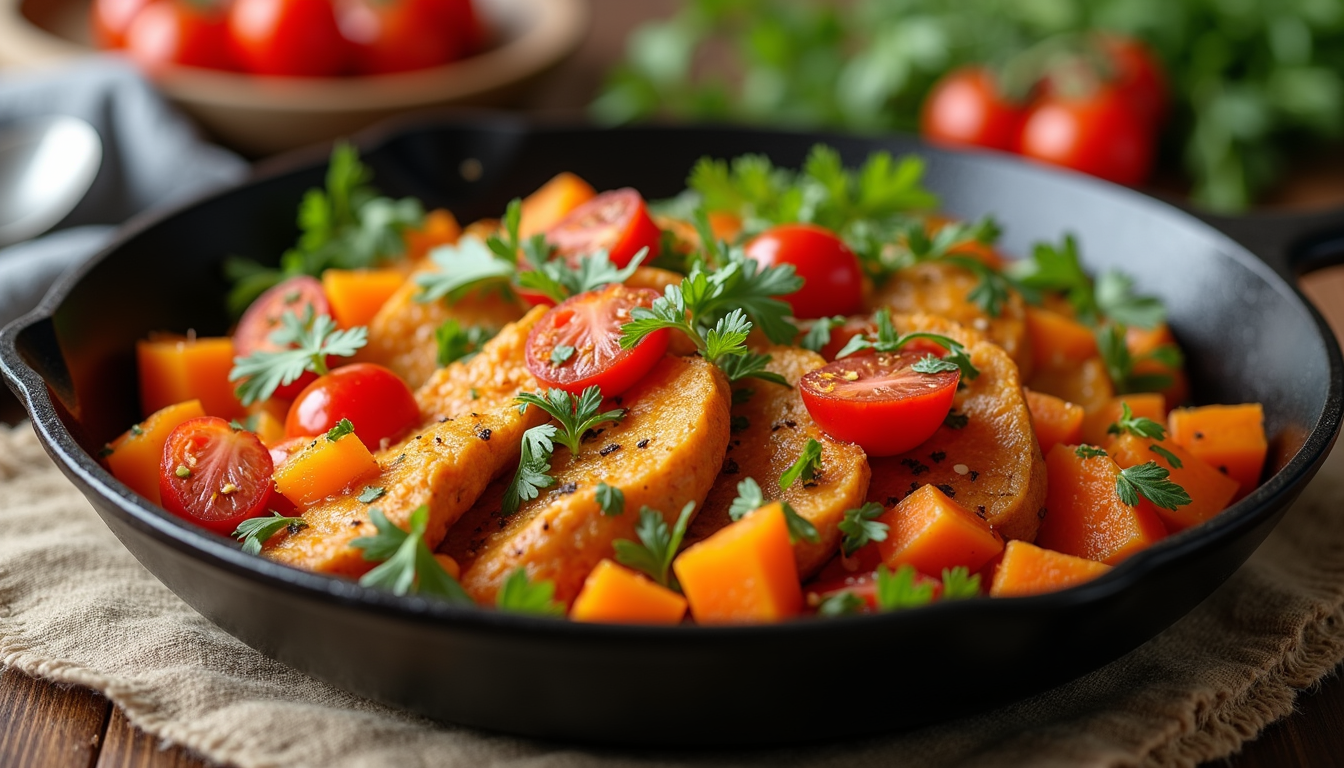 Close-up view of a colorful sweet potato turkey skillet