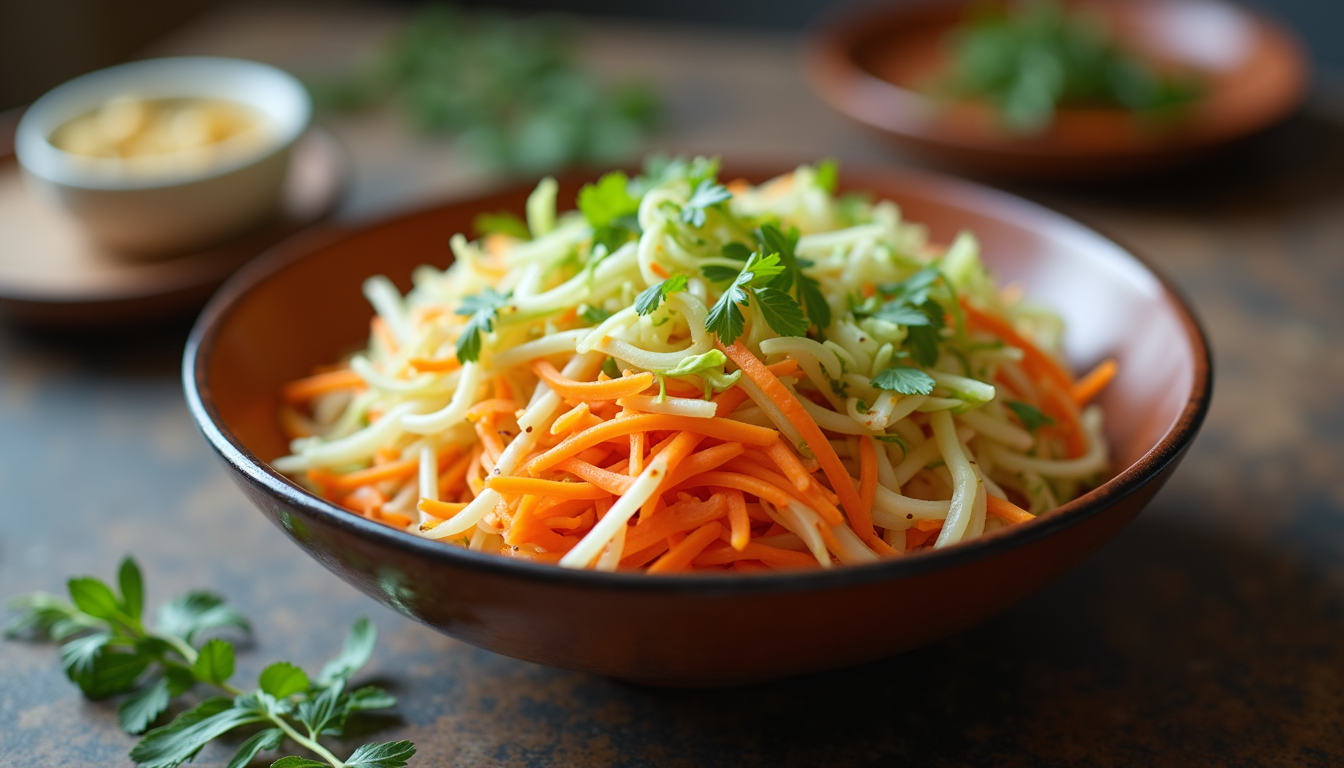 Close-up view of a bowl filled with colorful shredded cabbage and carrot
