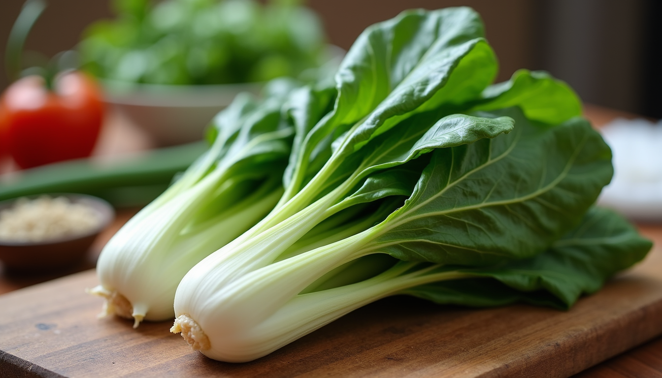 Close-up view of fresh bok choy on a wooden cutting board