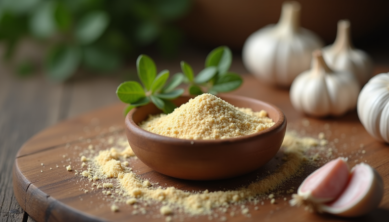 Close-up view of garlic powder in a small bowl
