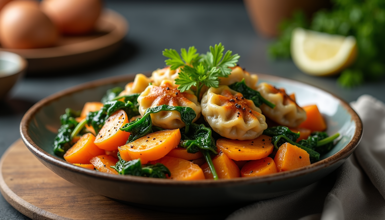 Close-up view of a colorful potsticker stir-fry with spinach and sweet potato