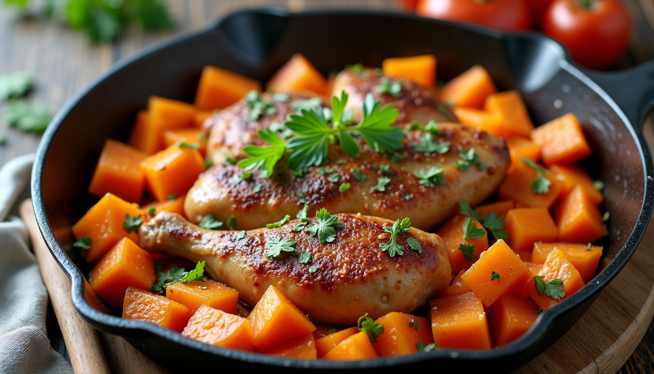 High angle view of a healthy meal with sweet potatoes and turkey