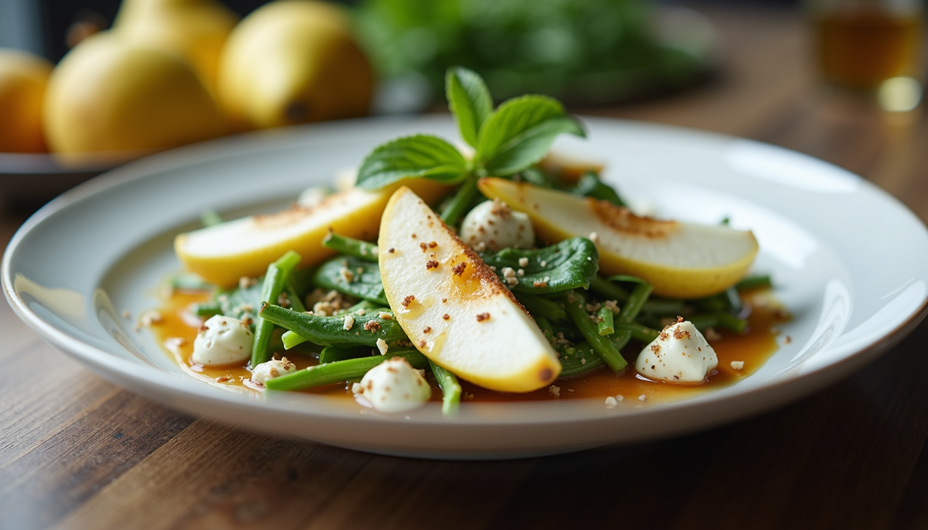 Eye-level view of a beautifully plated pear and blue cheese salad