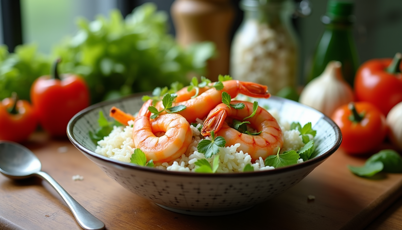 High angle view of fresh ingredients for a tropical shrimp rice bowl