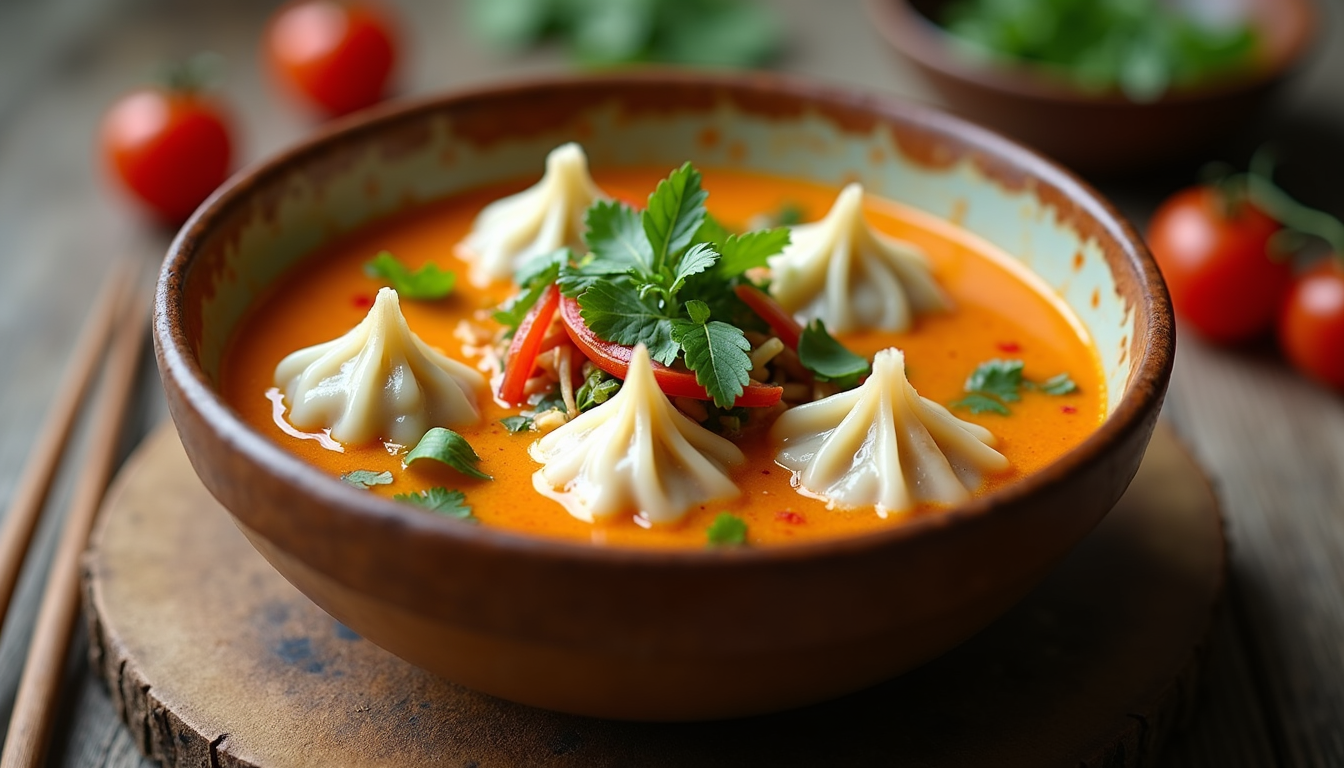 Close-up view of a steaming bowl of vegan dumpling soup with coconut milk and Thai curry