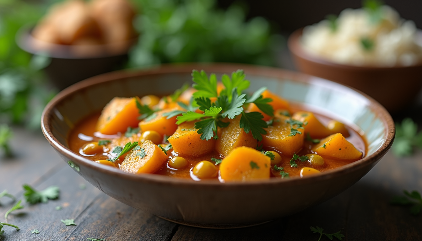 Eye-level view of a bowl of spicy potato and pea curry garnished with fresh coriander
