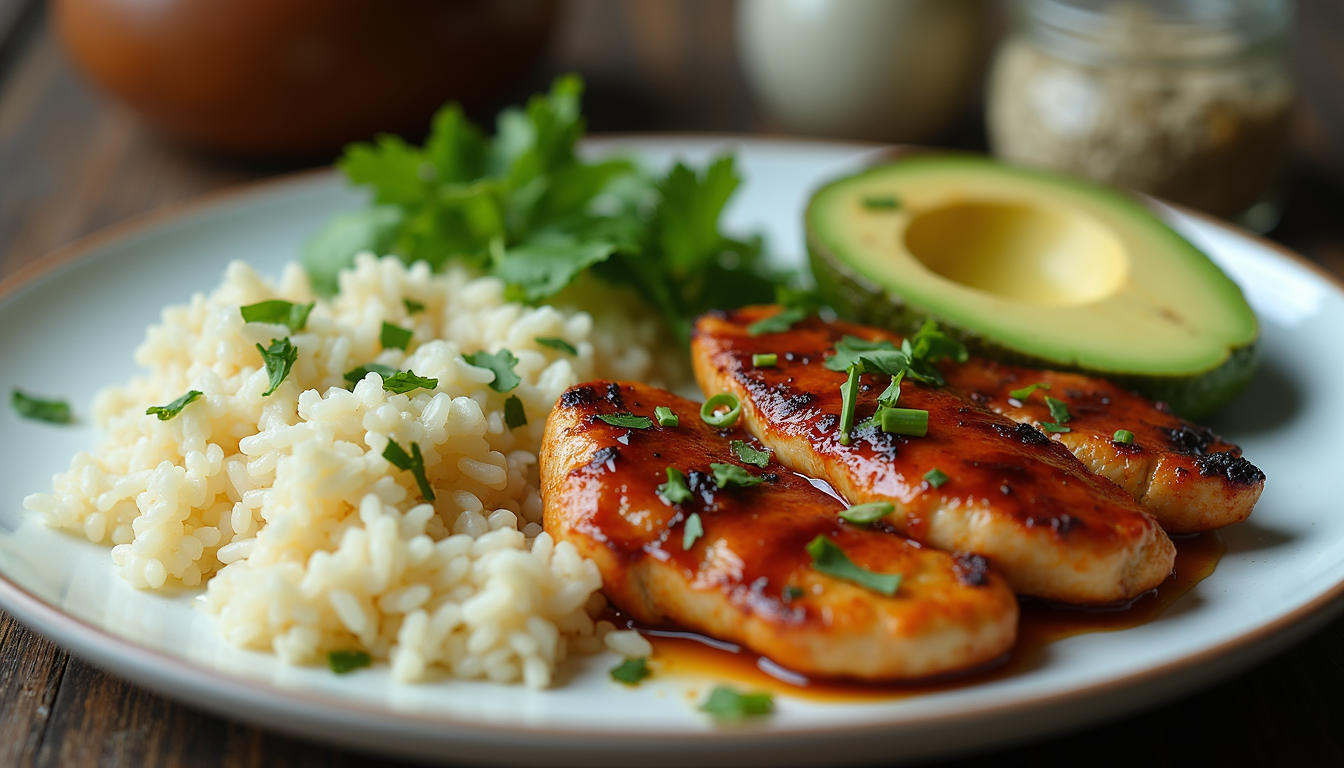 Eye-level view of a plate with grilled chicken, jasmine rice, and avocado slices