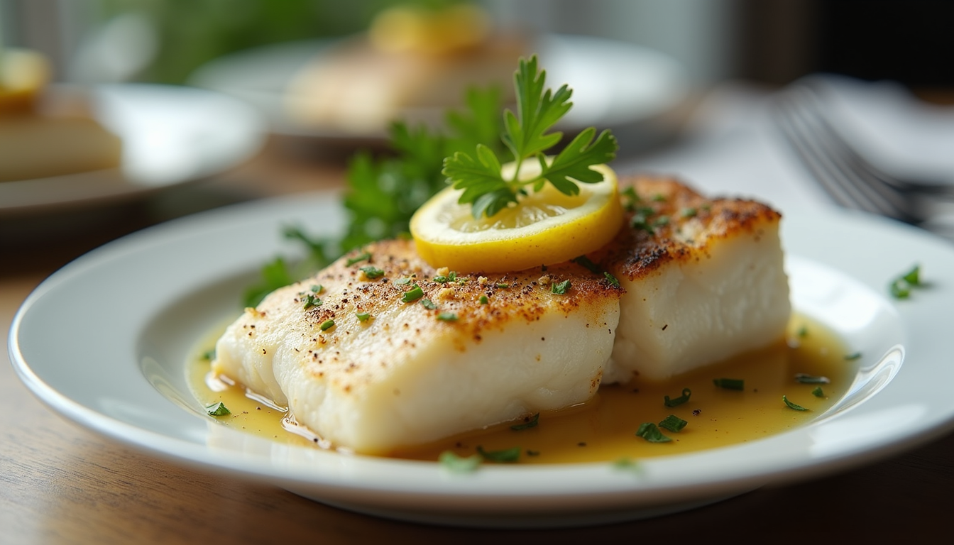 Eye-level view of a plated cod dish garnished with lemon and parsley