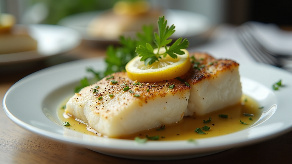 Eye-level view of a plated cod dish garnished with lemon and parsley