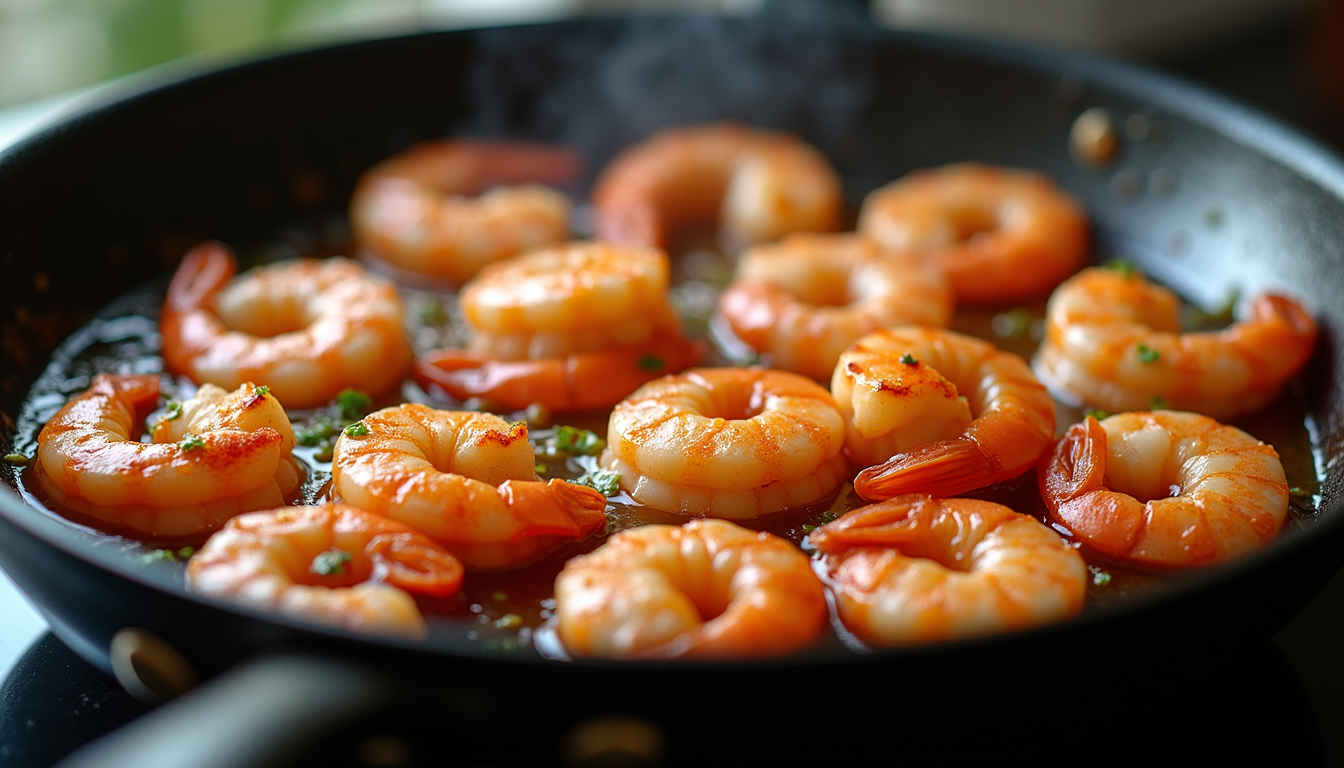 Eye-level view of perfectly cooked shrimp in a skillet