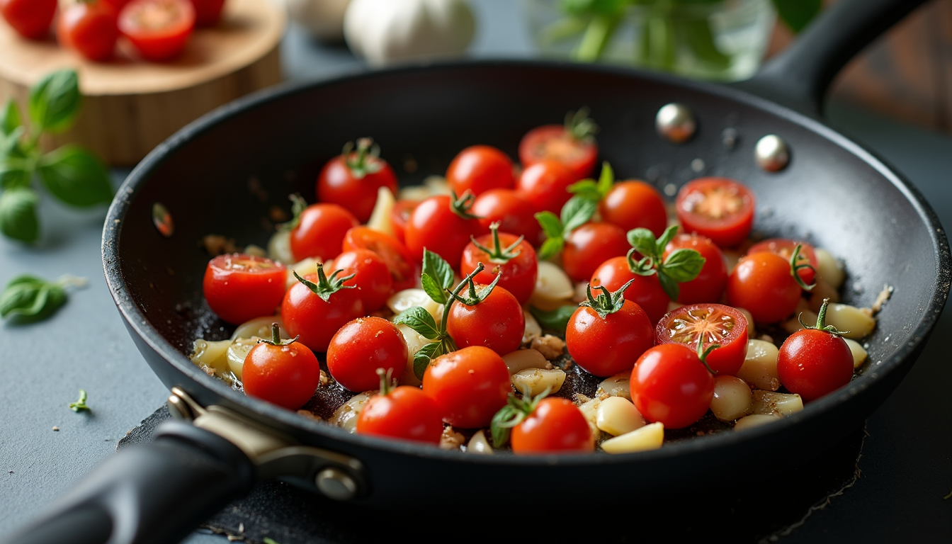 High angle view of a skillet with sautéed garlic and cherry tomatoes