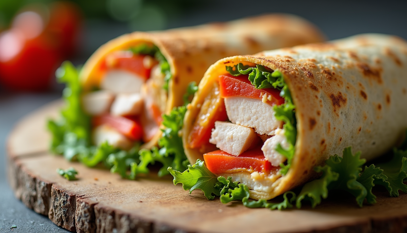 Eye-level view of a sliced turkey and vegetable burrito showing colorful filling