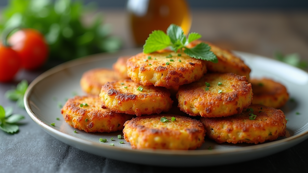 Close-up view of golden-brown vegetable fritters on a plate