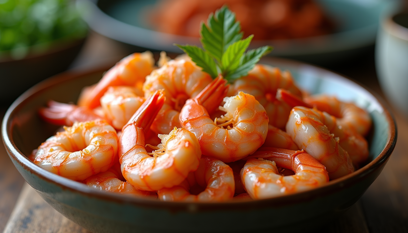Close-up view of cooked shrimp in a bowl