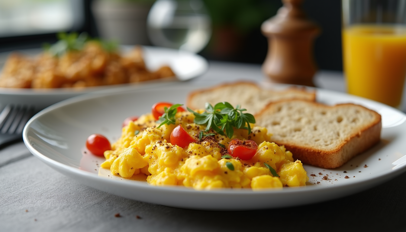 Eye-level view of a plate of Mediterranean scrambled eggs served with toasted bread