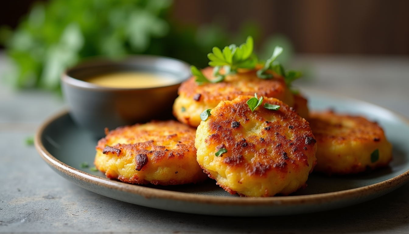 Eye-level view of a plate of vegetable fritters with a side of dipping sauce