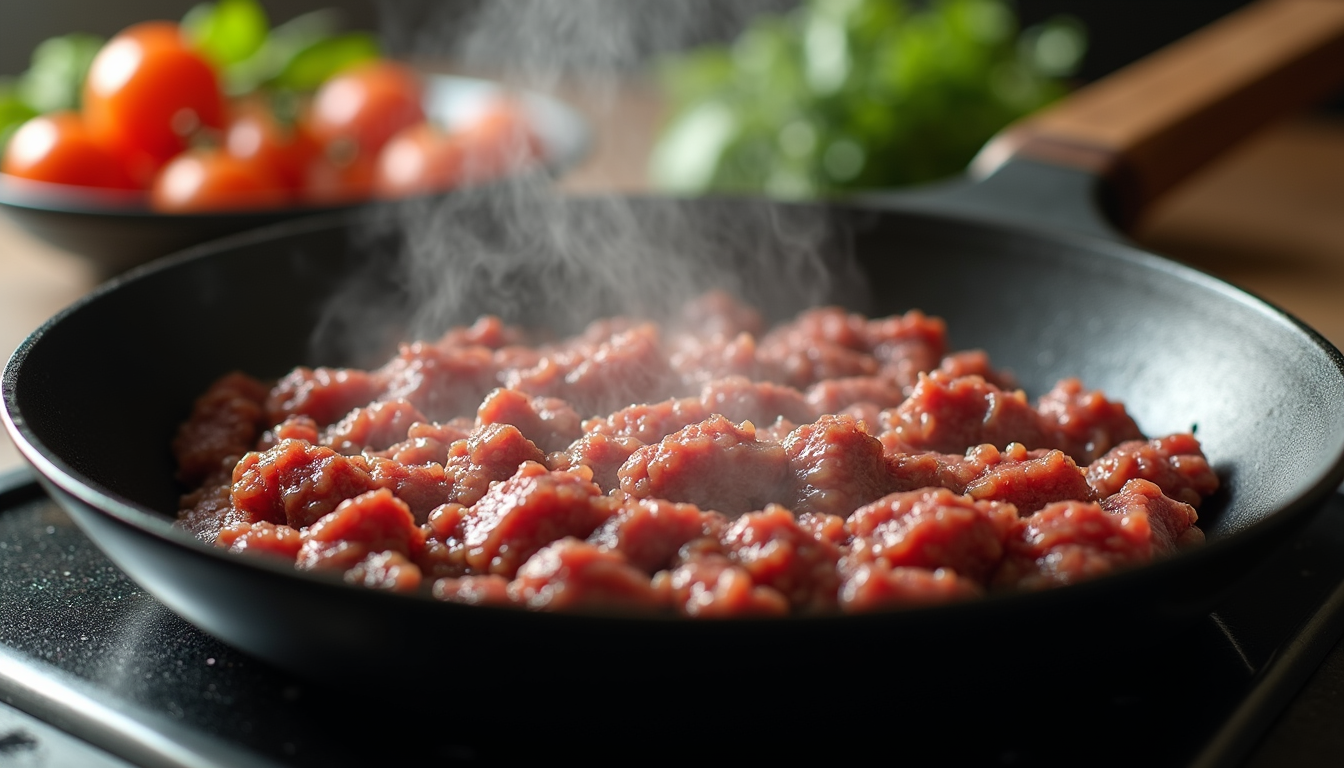 Eye-level view of sizzling ground beef in a skillet