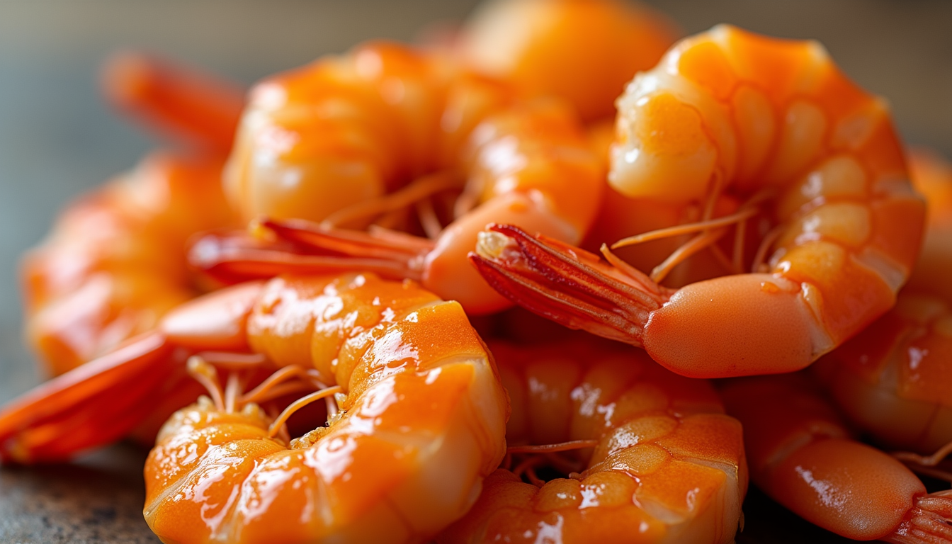 Close-up view of succulent shrimp in a vibrant citrus glaze