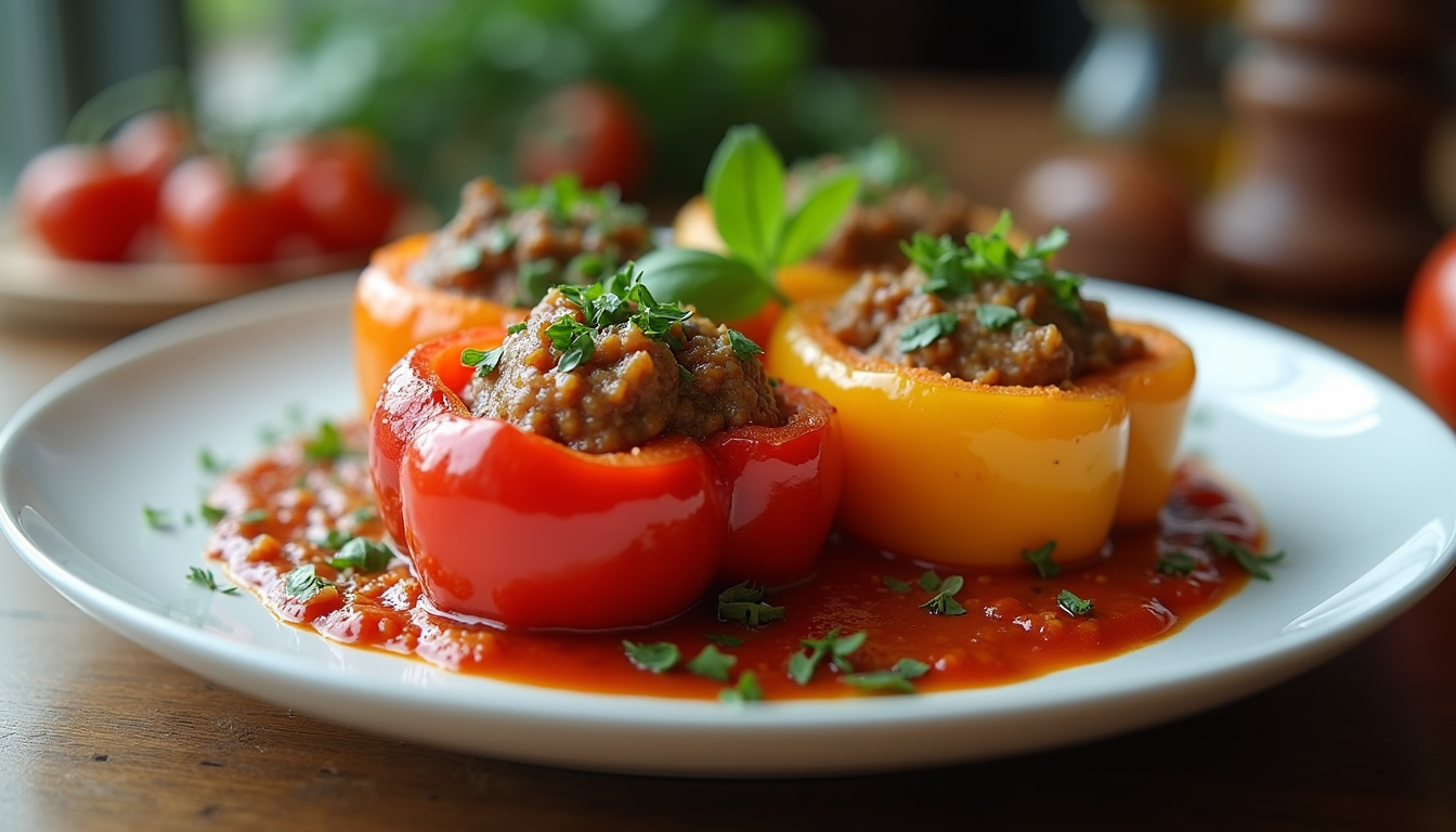 Eye-level view of a plate of stuffed peppers garnished with fresh herbs