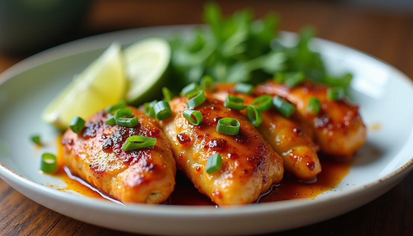 Eye-level view of a plate of spicy garlic lime chicken