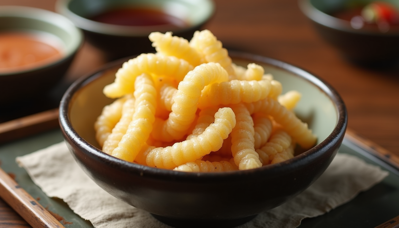 Eye-level view of a bowl of freshly made tempura batter