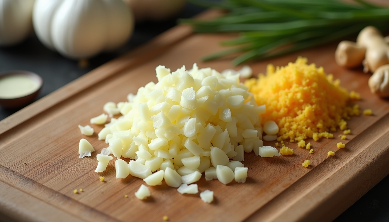 High angle view of minced garlic and grated ginger on a cutting board