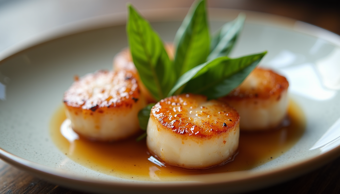 Eye-level view of plated sesame scallops glazed with honey soy sauce and garnished with fried basil leaves