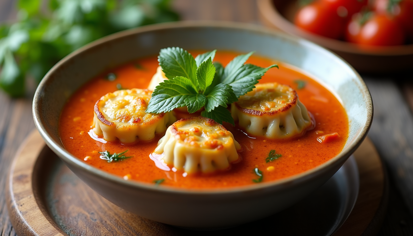 High angle view of a bowl of Thai red curry with potstickers and garnishes