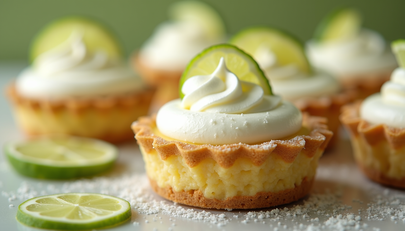 Close-up view of mini key lime pies topped with whipped cream and lime slices