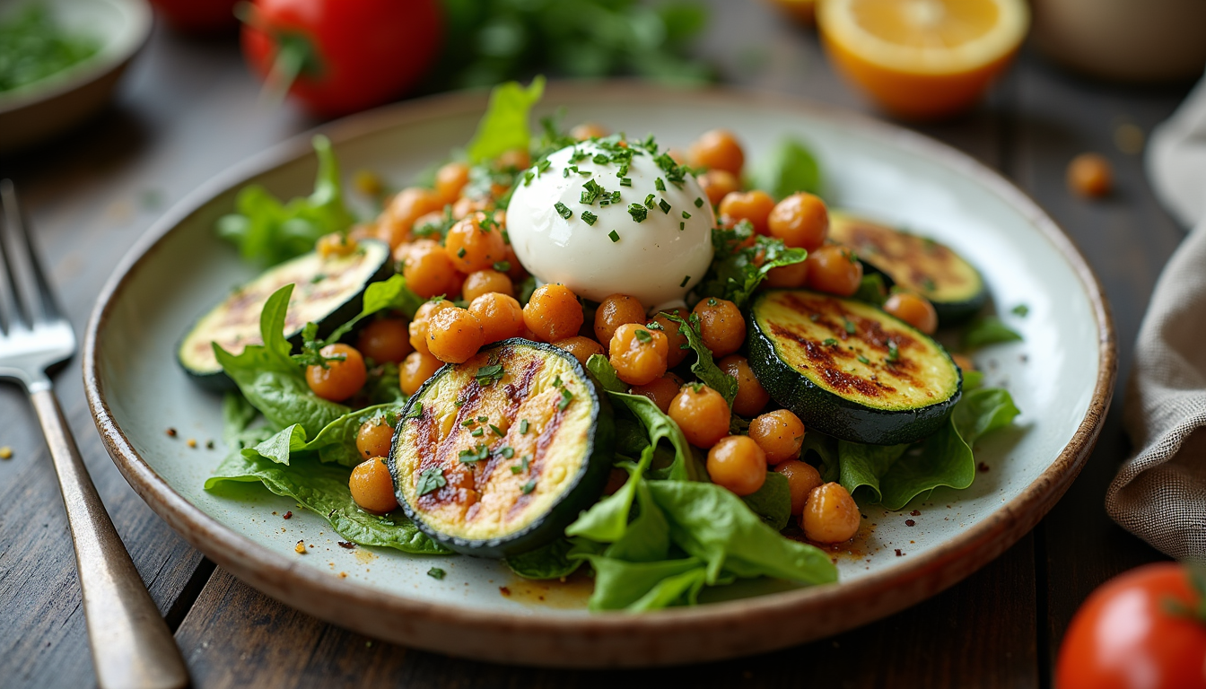 High angle view of a vibrant salad with grilled zucchini, chickpeas, and burrata