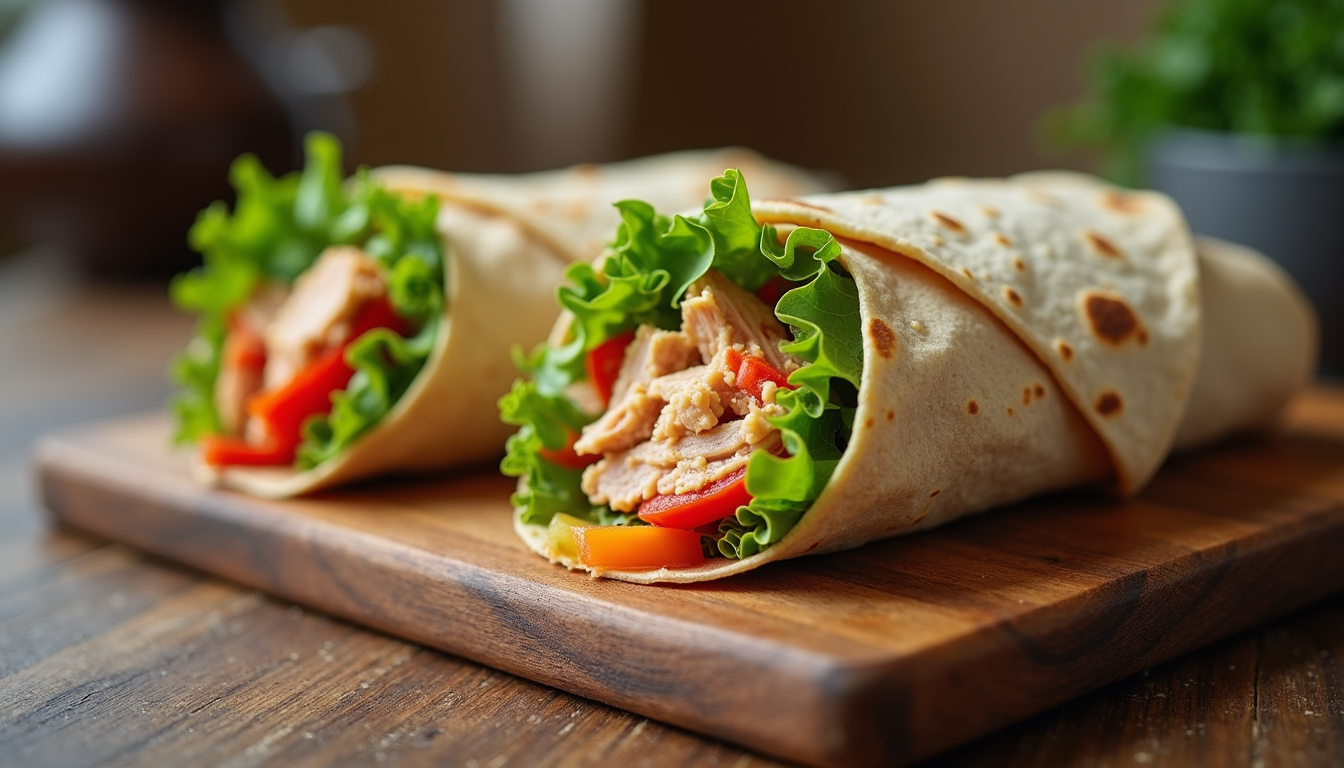Close-up view of a large turkey and vegetable burrito wrapped in a whole wheat tortilla