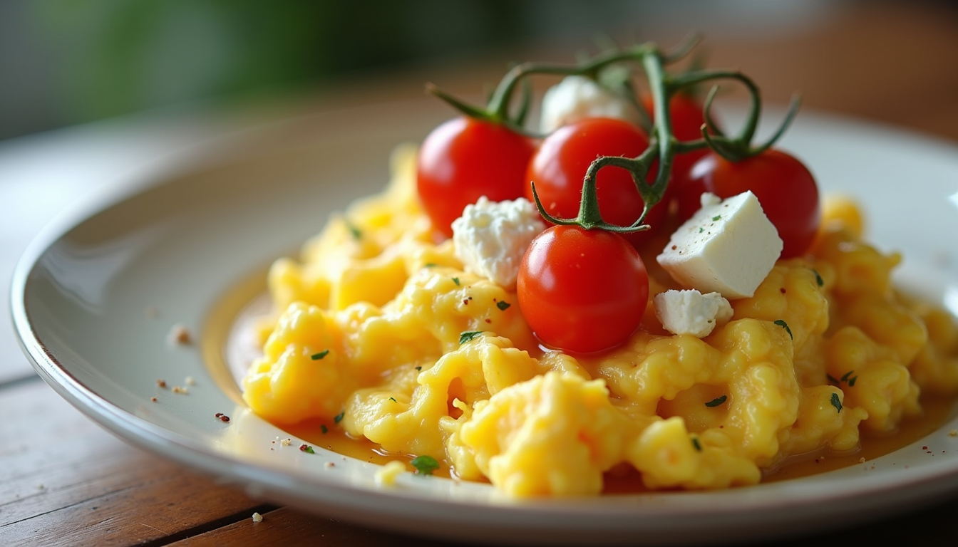 Close-up view of scrambled eggs with feta and cherry tomatoes