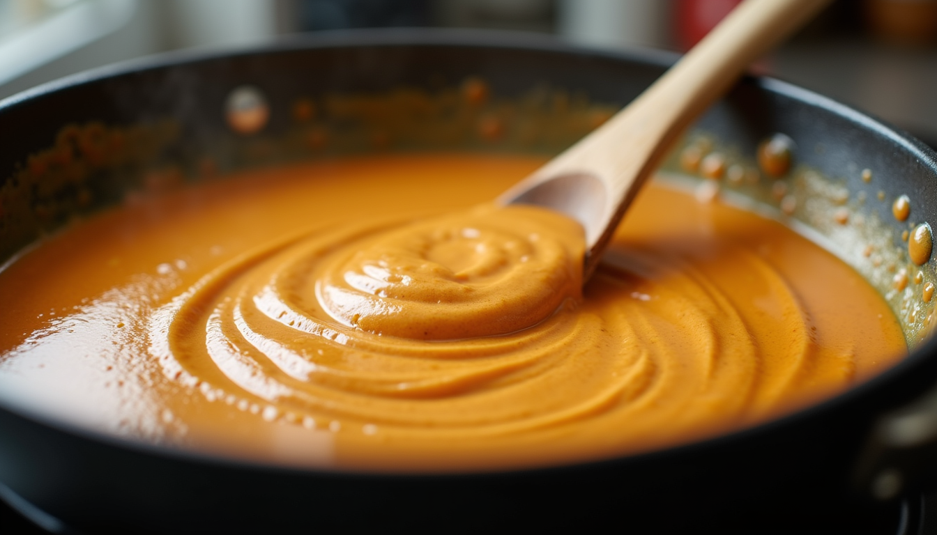 Close-up view of creamy peanut sauce in a skillet