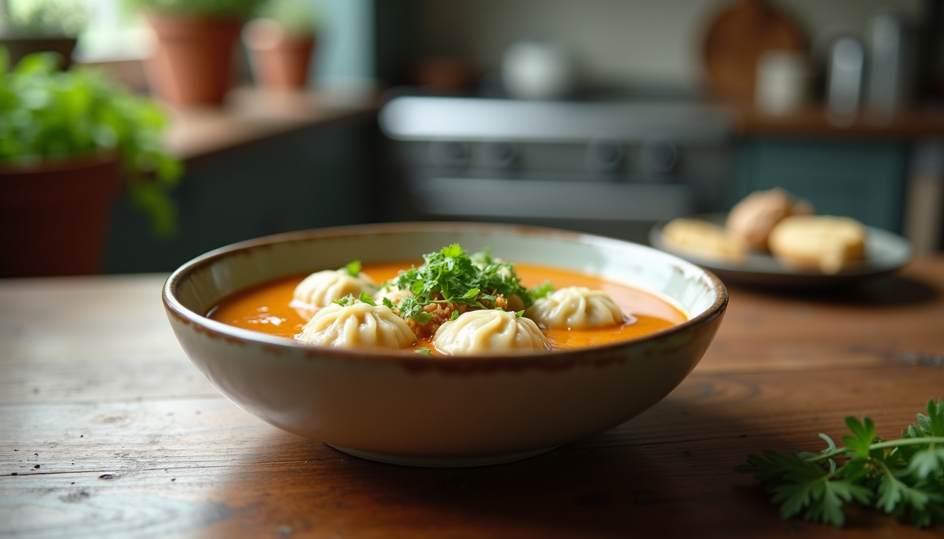 Eye-level view of vegan dumpling soup garnished with fresh cilantro and scallions in a ceramic bowl