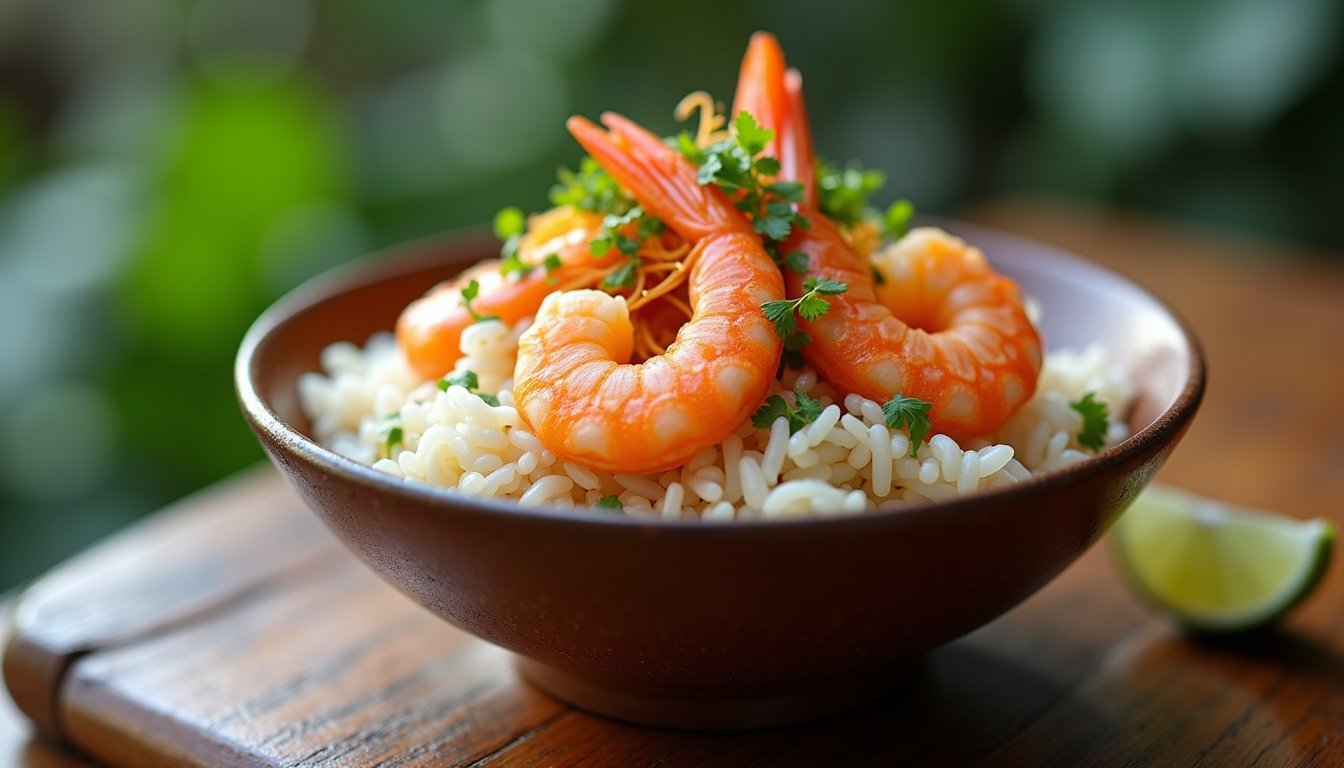 Eye-level view of a tropical shrimp rice bowl garnished with herbs