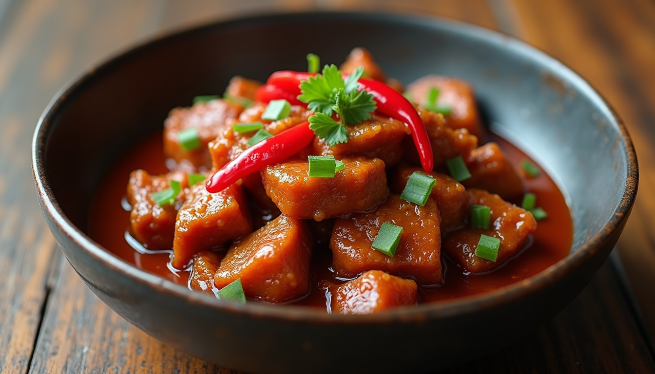 High angle view of a bowl filled with crispy chilli beef coated in sticky sauce, garnished with sliced red chilli