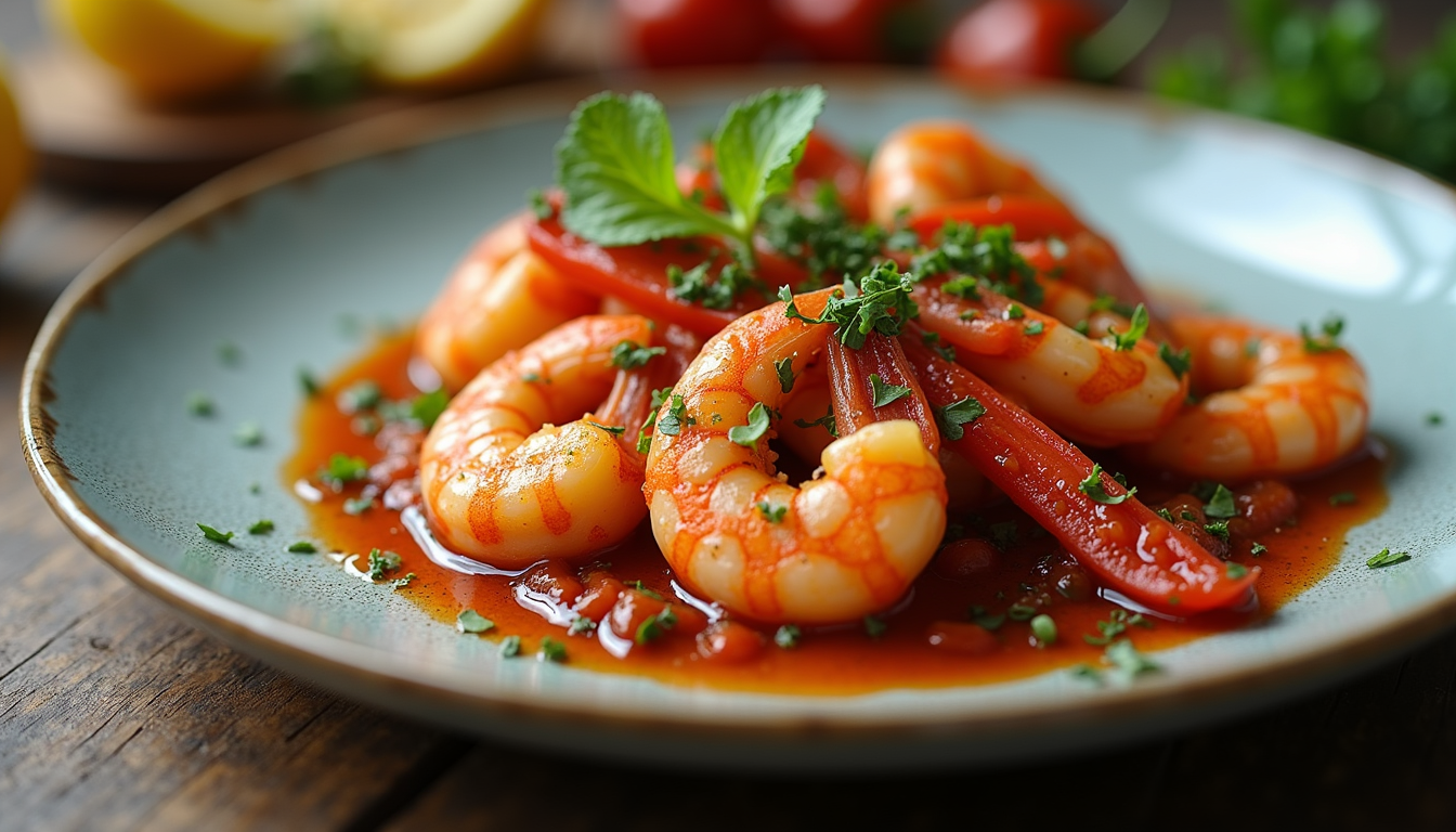 High angle view of a colorful shrimp dish served with chimichurri sauce