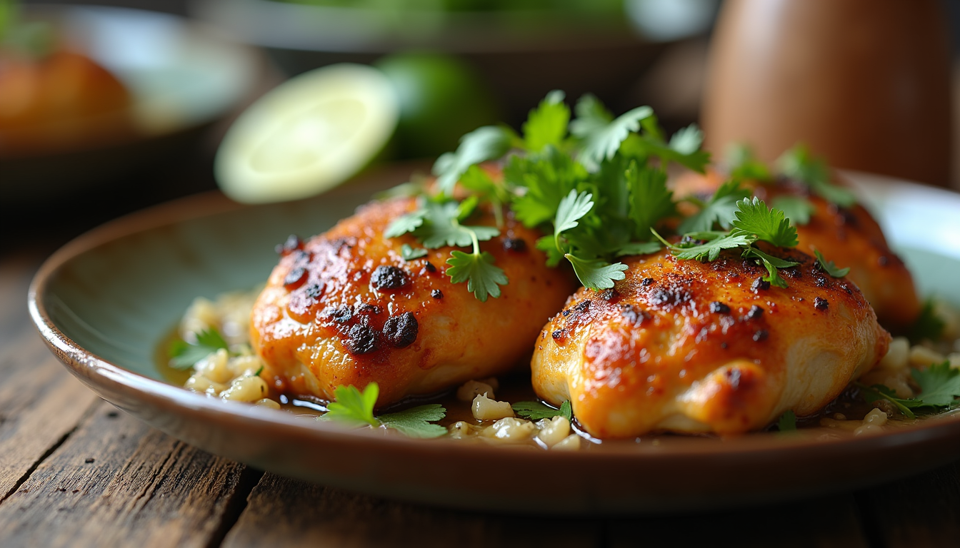 Close-up view of golden-brown garlic chicken thighs garnished with fresh cilantro and lime wedges