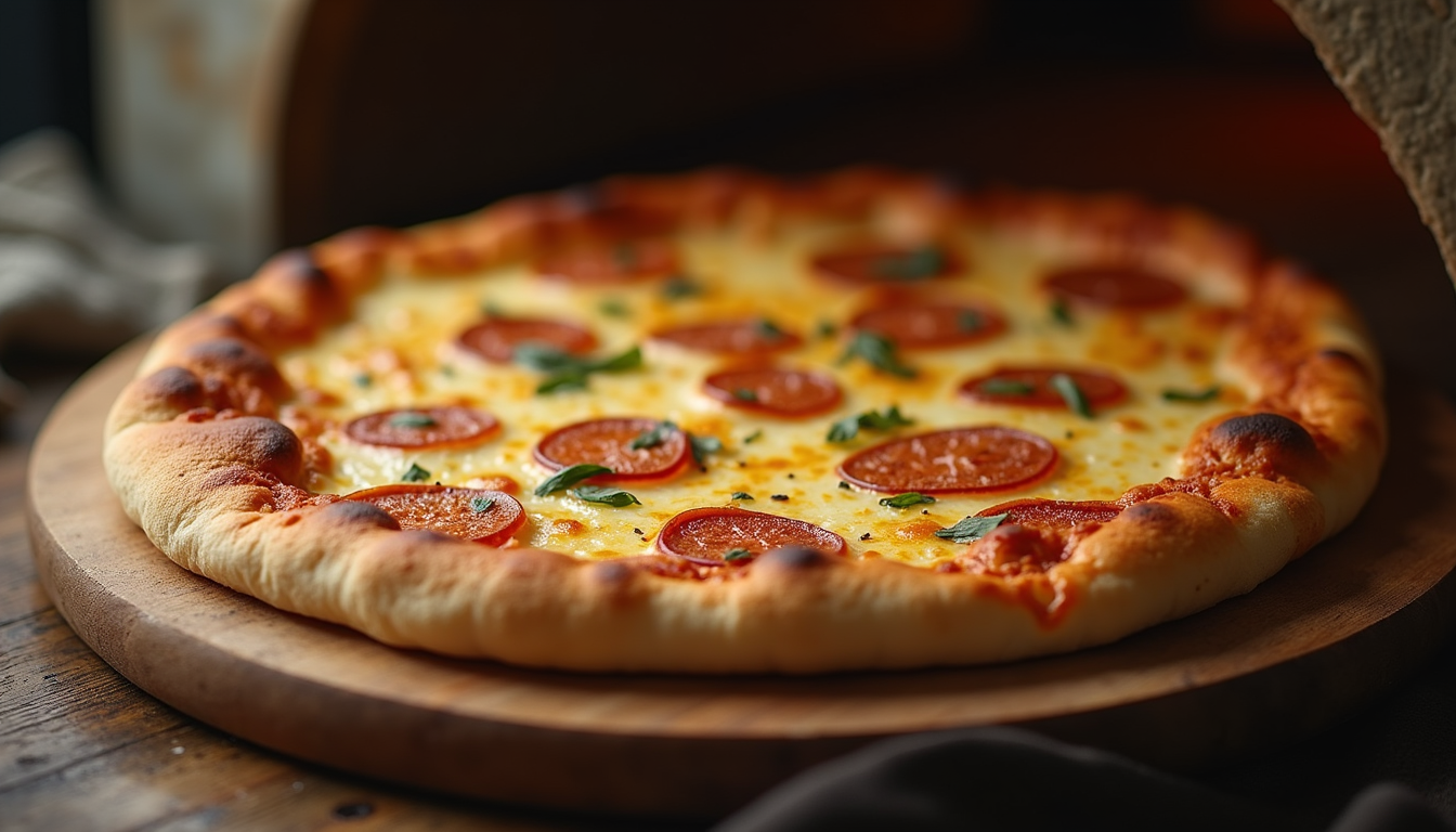 High angle view of a freshly baked flatbread with melted cheese and colorful toppings