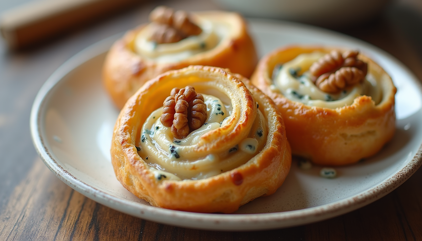 Close-up view of puff pastry spirals filled with blue cheese and walnuts