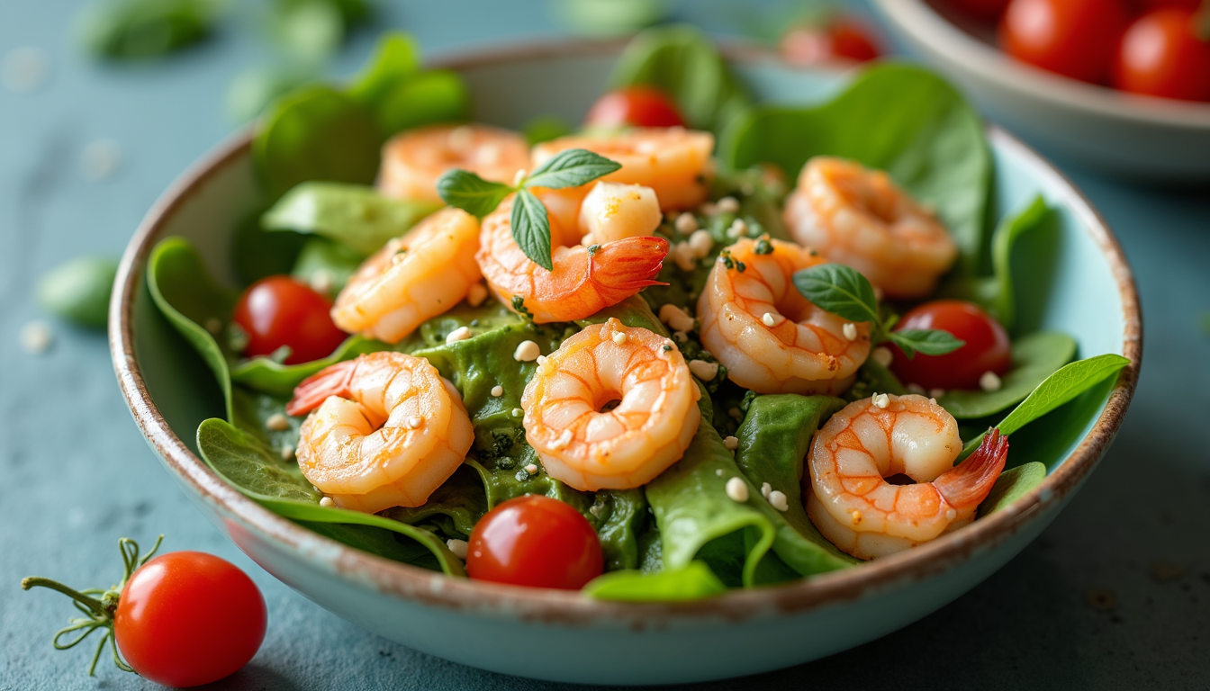 High angle view of a colorful shrimp avocado salad