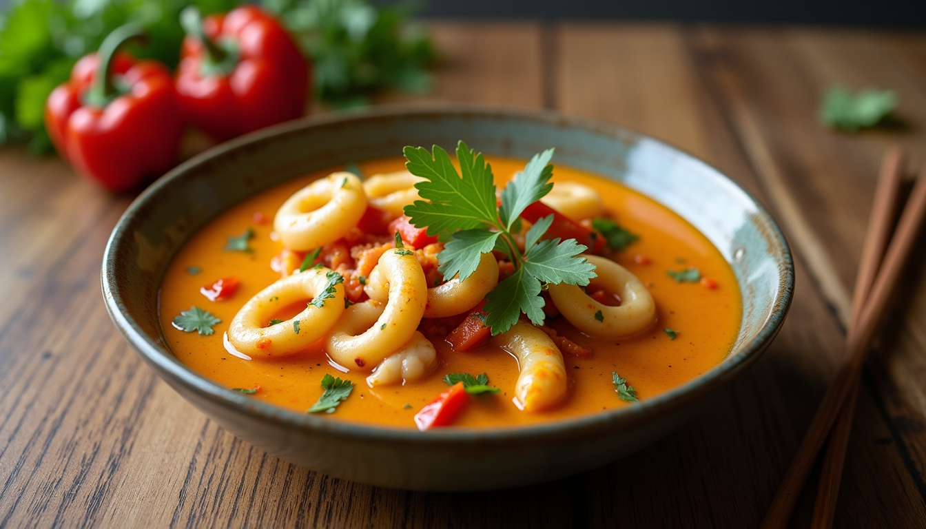 Close-up view of a bowl of creamy squid curry with bell peppers