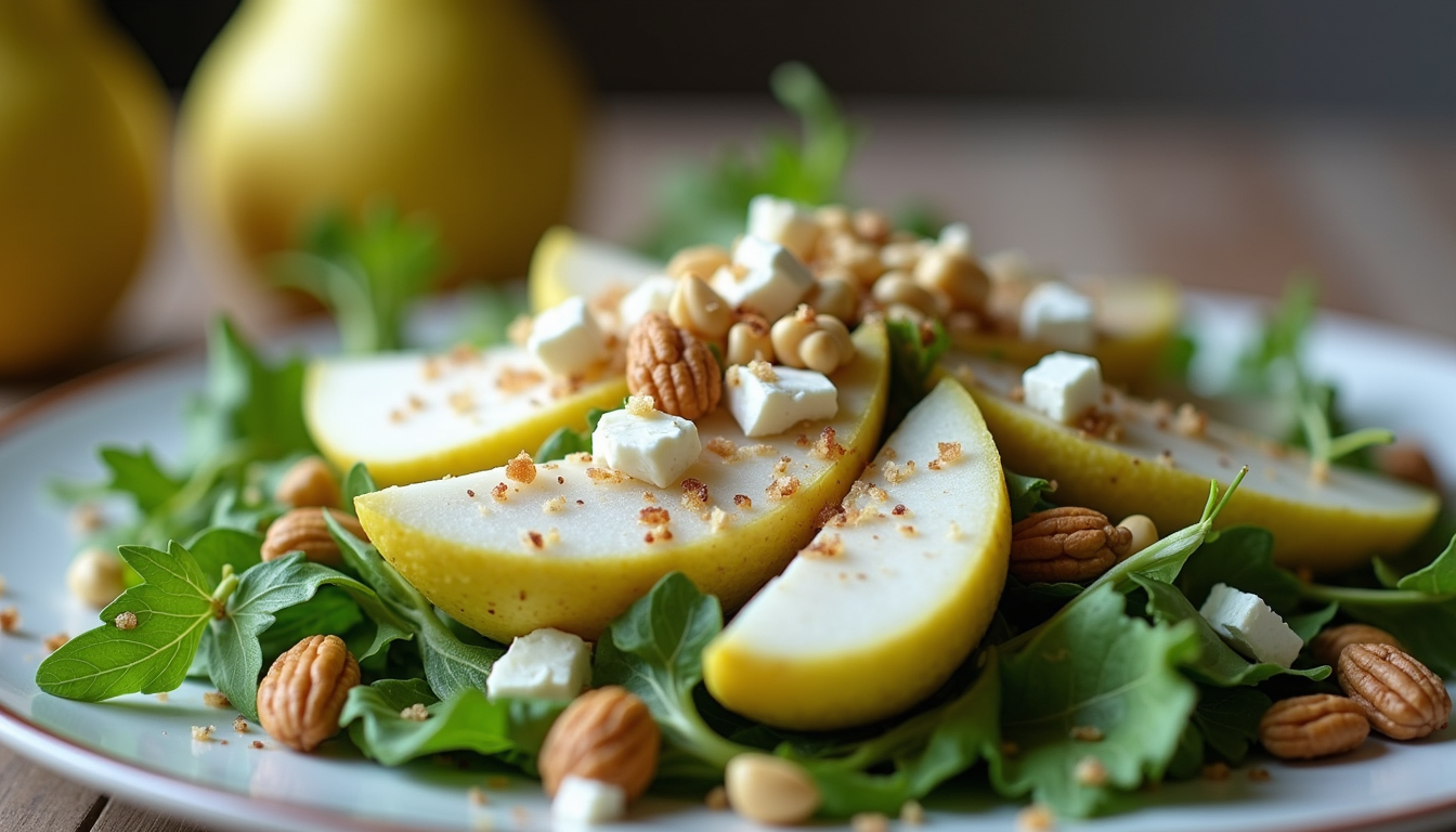 Close-up view of a fresh pear salad with blue cheese and nuts