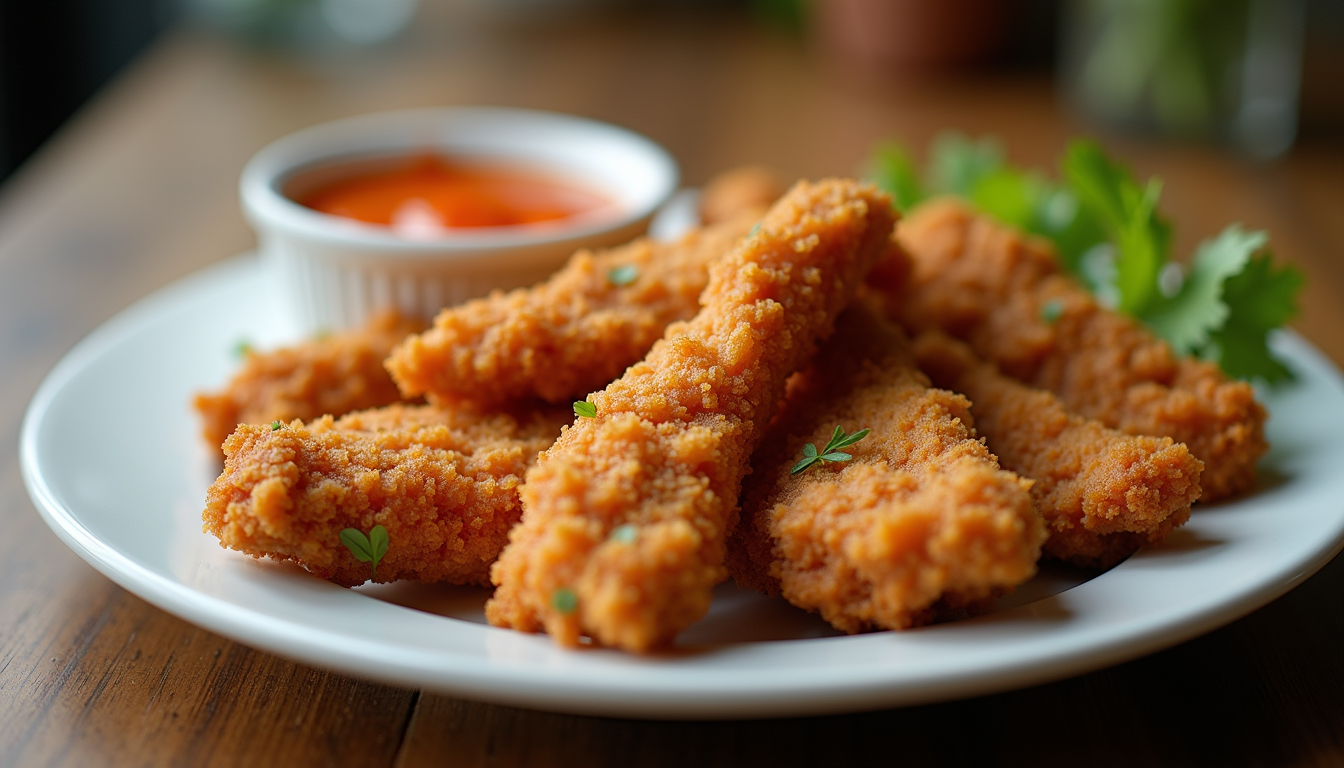 Close-up view of crispy fried chicken strips with a spicy sauce