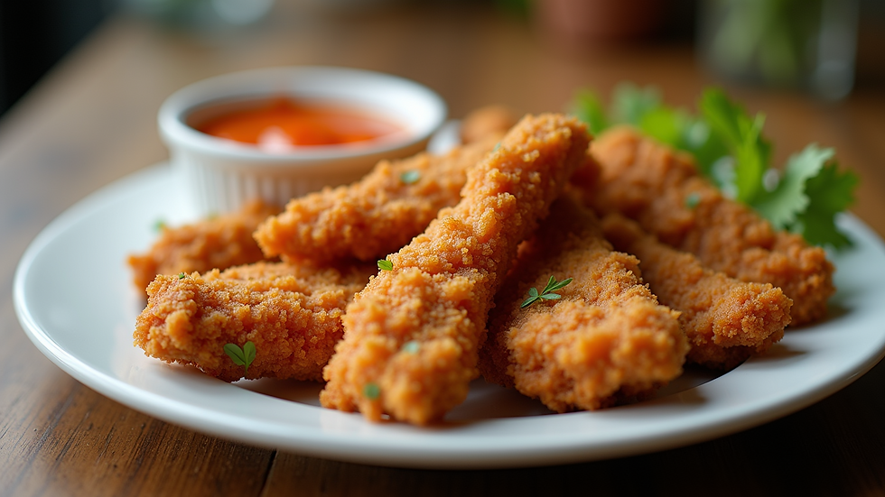 Close-up view of crispy fried chicken strips with a spicy sauce