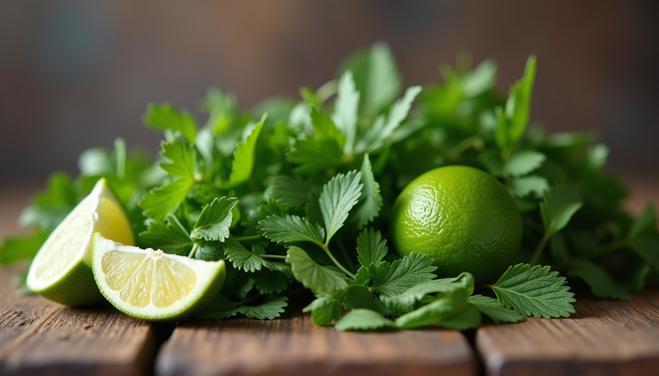 Eye-level view of fresh herbs and lime wedges on a wooden table