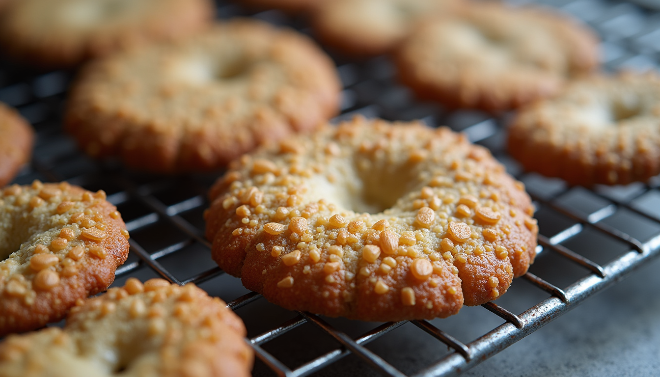 High angle view of freshly baked almond and chia crackers on a cooling rack