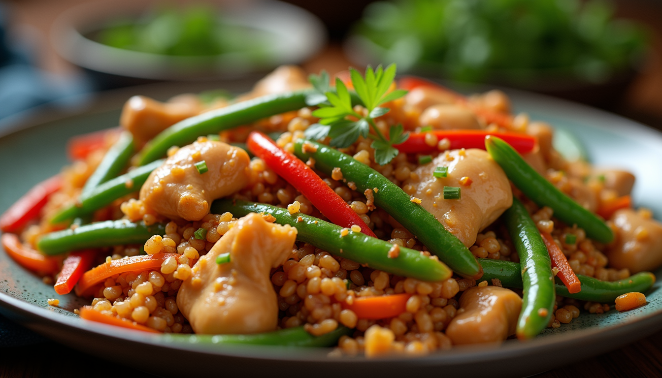 Close-up view of green beans and chicken stir-fry in a skillet